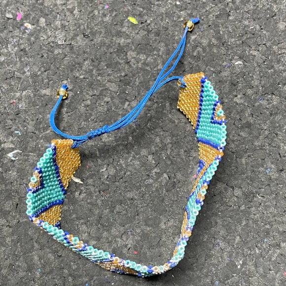 Earthbound Beaded Blue and Gold Boho Cuff Bracelet - Picture 5 of 6